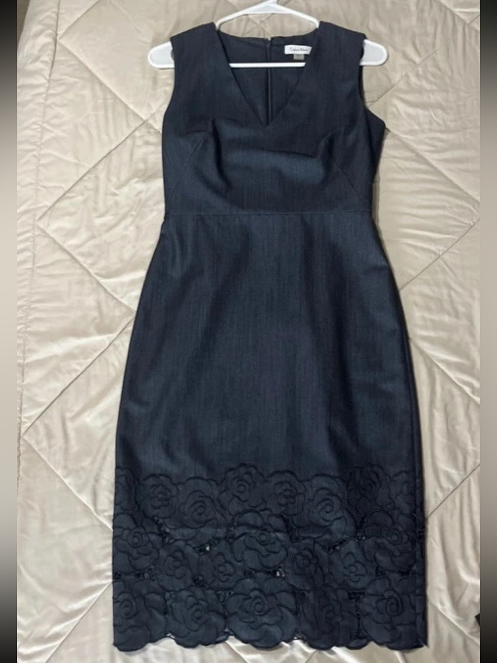 Calvin Klein Navy Sheath Dress with Floral Lace Hem